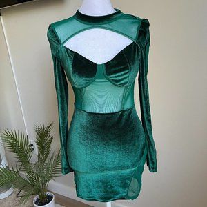 NWOT Cut Out Front Contrast Mesh Velvet Bodycon Dress